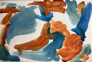 A painting of blue and orange paint on paper.