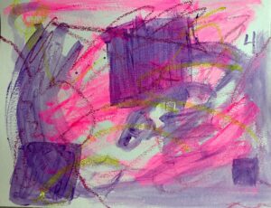 A painting of purple and pink paint on paper.