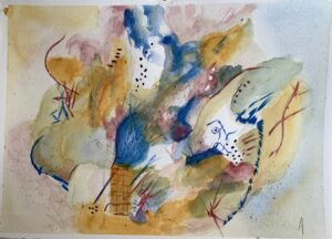 A painting of abstract shapes and colors in blue, yellow, brown and white.