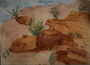 A painting of rocks and plants in the desert.