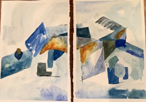 Two paintings of a blue and white abstract scene.