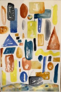 A painting of various shapes and colors on paper.