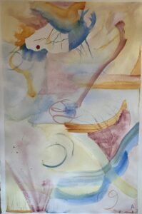 A painting of a woman in the middle of an abstract scene.