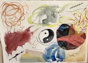 A painting of various shapes and colors with a yin yang symbol.