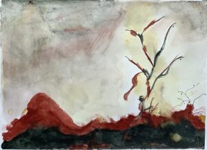 A painting of a tree in the middle of a desert.