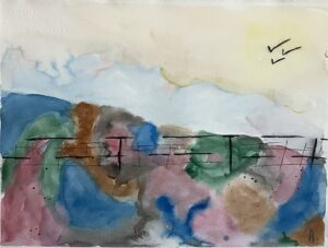 A painting of the sky and clouds with a train on it.