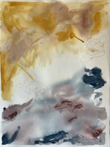 A painting of yellow and brown colors on paper.