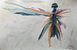 A painting of an insect with colorful wings.