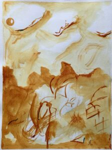 A painting of brown and white abstract shapes.